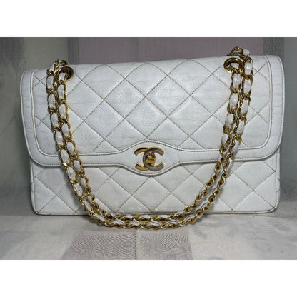 CHANEL CC Paris Limited Double Flap Bag Lambskin Matelasse Chain White