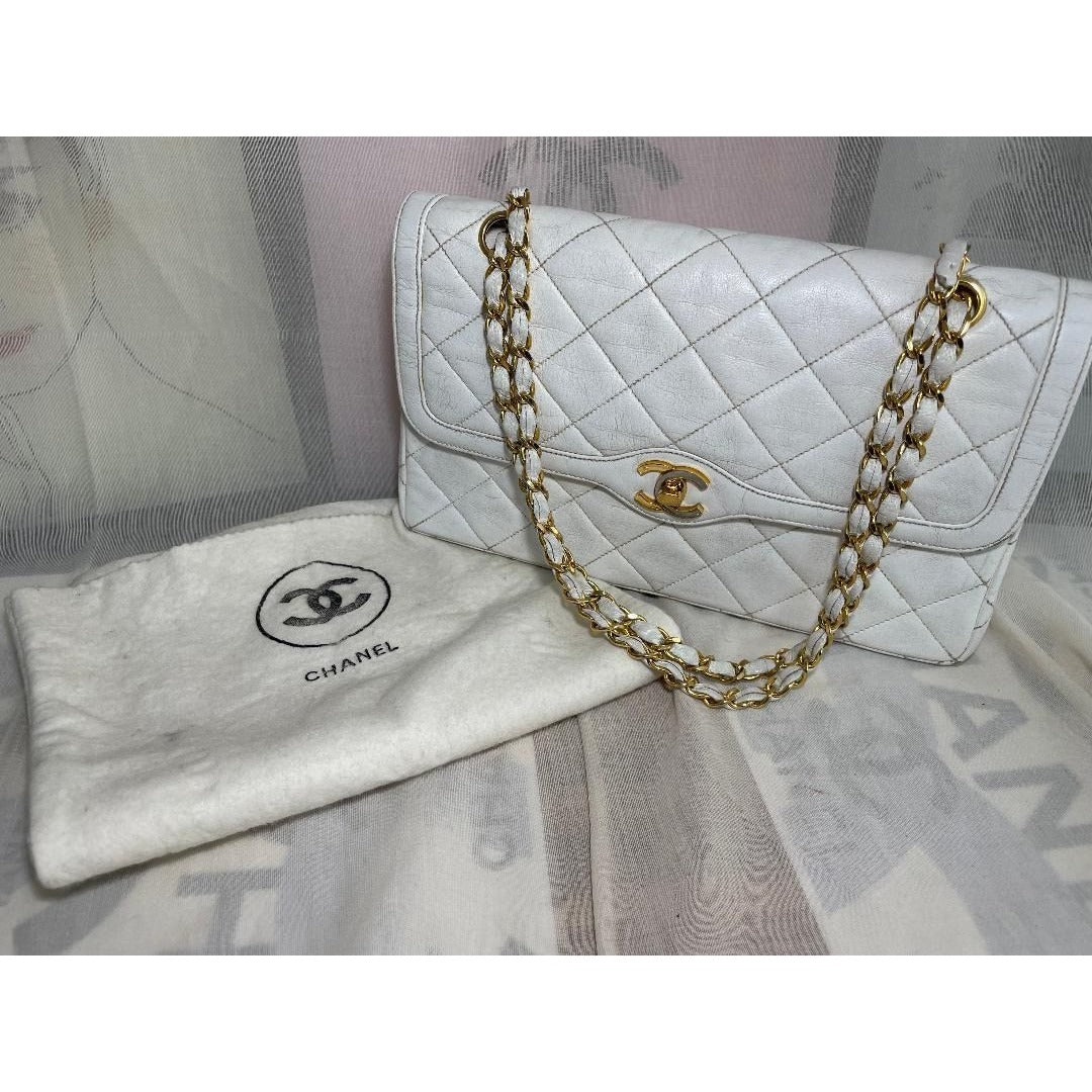 CHANEL CC Paris Limited Double Flap Bag Lambskin Matelasse Chain White