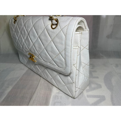 CHANEL CC Paris Limited Double Flap Bag Lambskin Matelasse Chain White