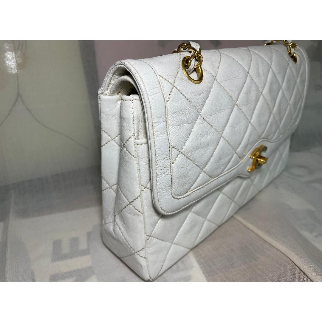 CHANEL CC Paris Limited Double Flap Bag Lambskin Matelasse Chain White