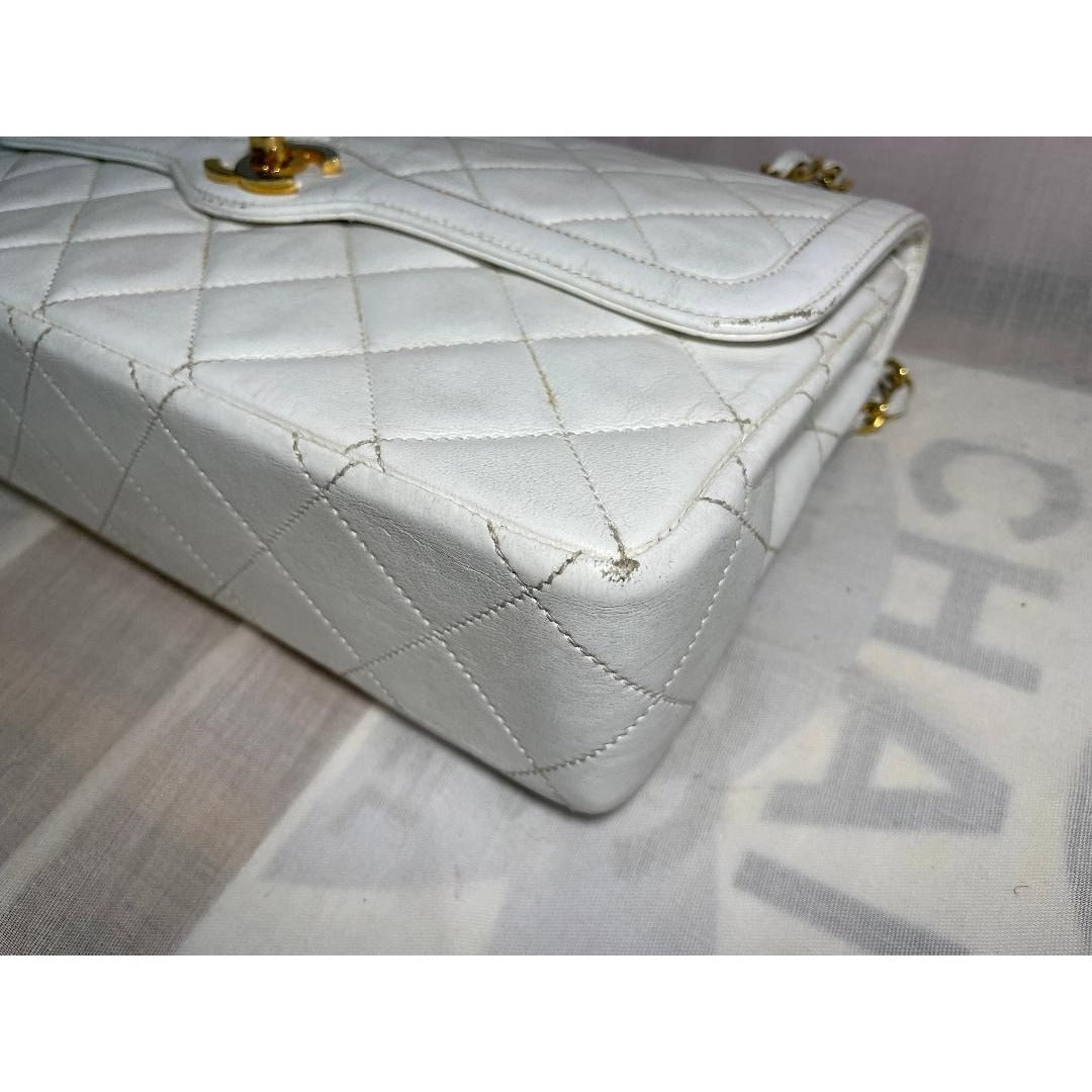 CHANEL CC Paris Limited Double Flap Bag Lambskin Matelasse Chain White