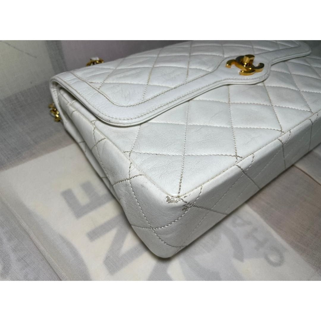 CHANEL CC Paris Limited Double Flap Bag Lambskin Matelasse Chain White