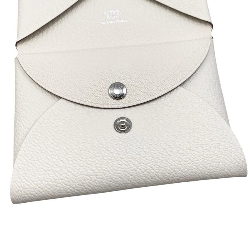 Hermes Card Case Coin Case Calvi Duo W Engraved Nata White Silver Hardware