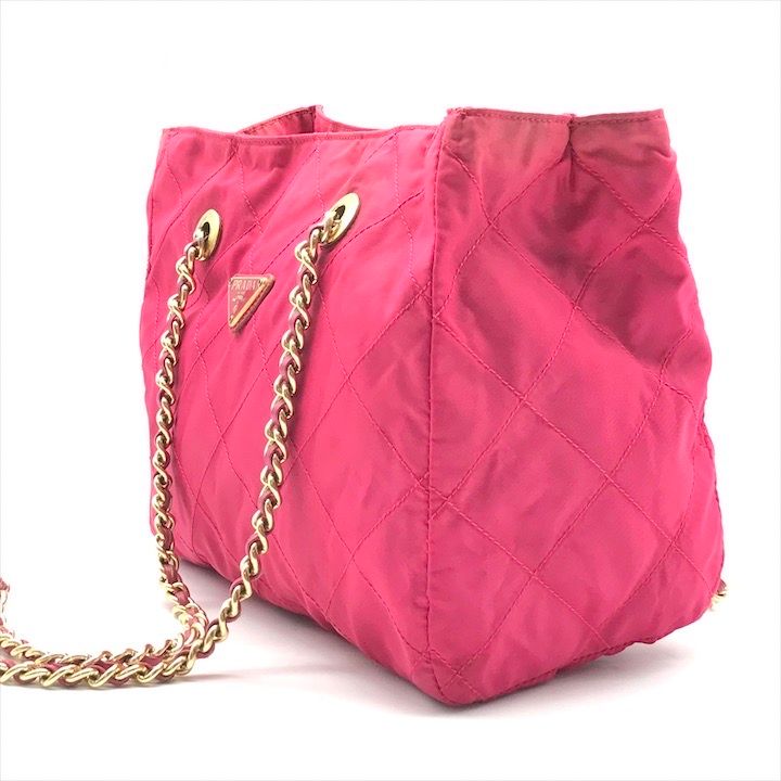 Prada Triangle Logo Tessuto Nylon Quilted Chain Tote Pink