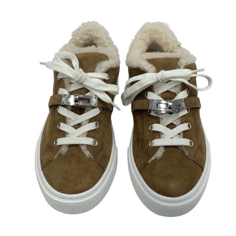 Hermes Day Sneakers Shoes Suede Mouton Brown Silver Kelly Hardware Boa