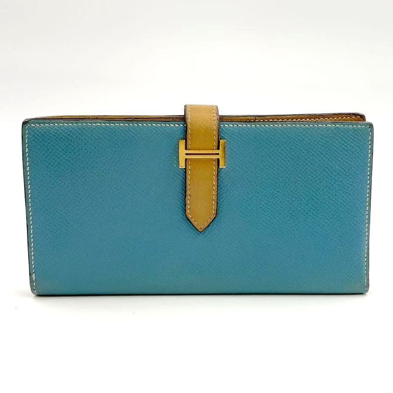 Hermes Bearn Souffle Stamped □L Leather Turquoise Blue And Light Brown Long