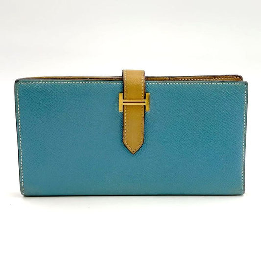 Hermes Bearn Souffle Stamped □L Leather Turquoise Blue And Light Brown Long