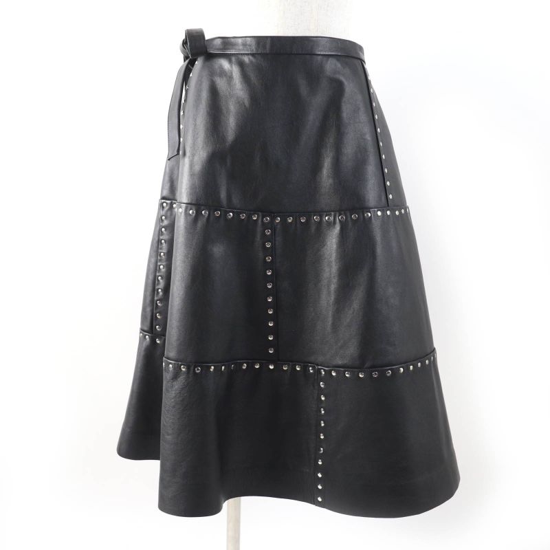 Balenciaga 457902 Studded Long Length Leather Wrap Skirt Rolled Skirt Black 38