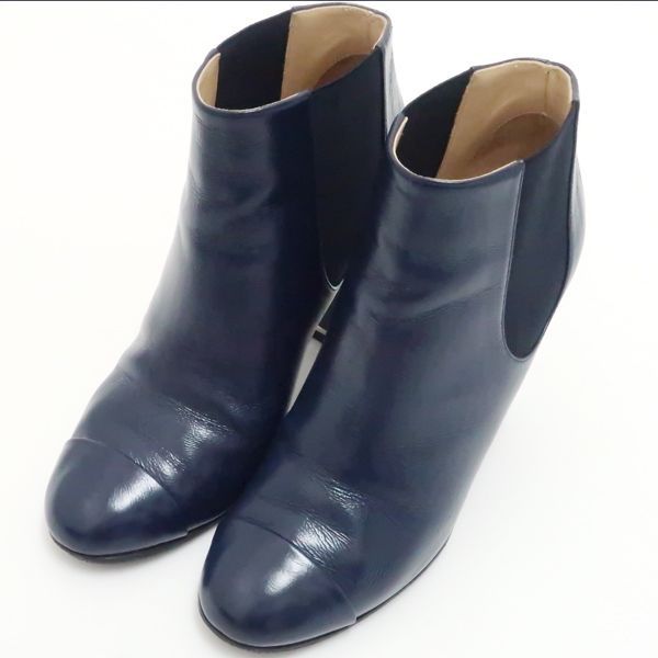 Chanel Short Boots 36 Side Gore Leather Navy Coco Mark Chanel