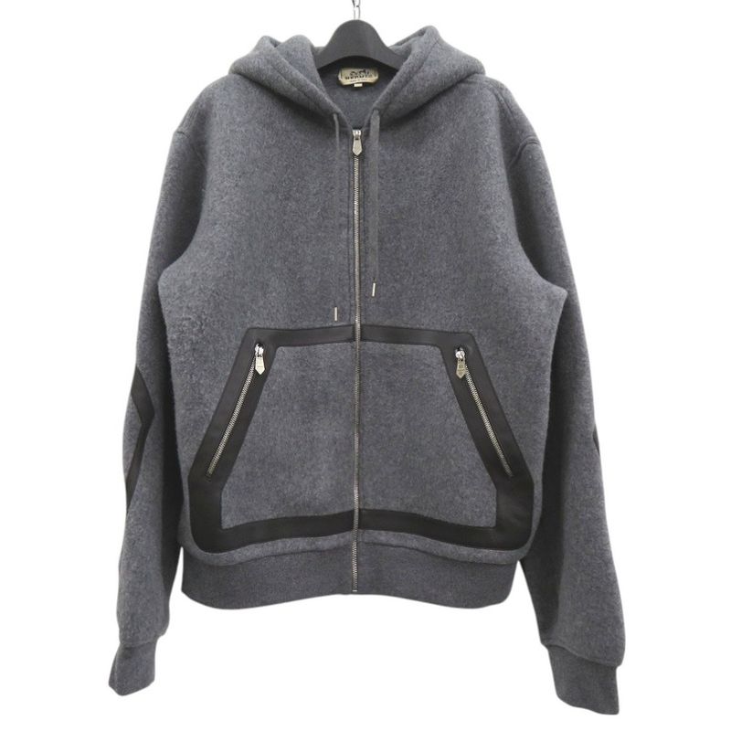 Hermes Knit Hooded Zip-up Hoodie 32-5733 Hoodie Wool Cashmere Gray 1383 Hermes