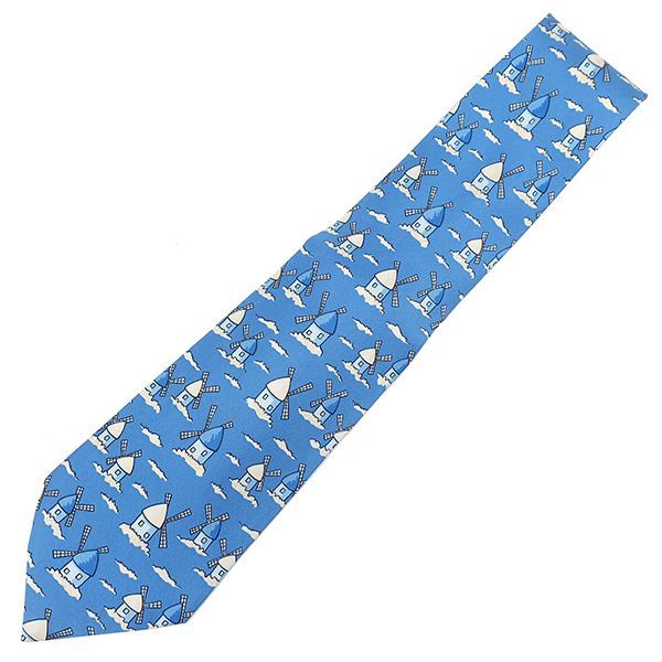 Hermes Necktie with Windmill Pattern 8.5cm (3.35in) Silk Blue and White Blue