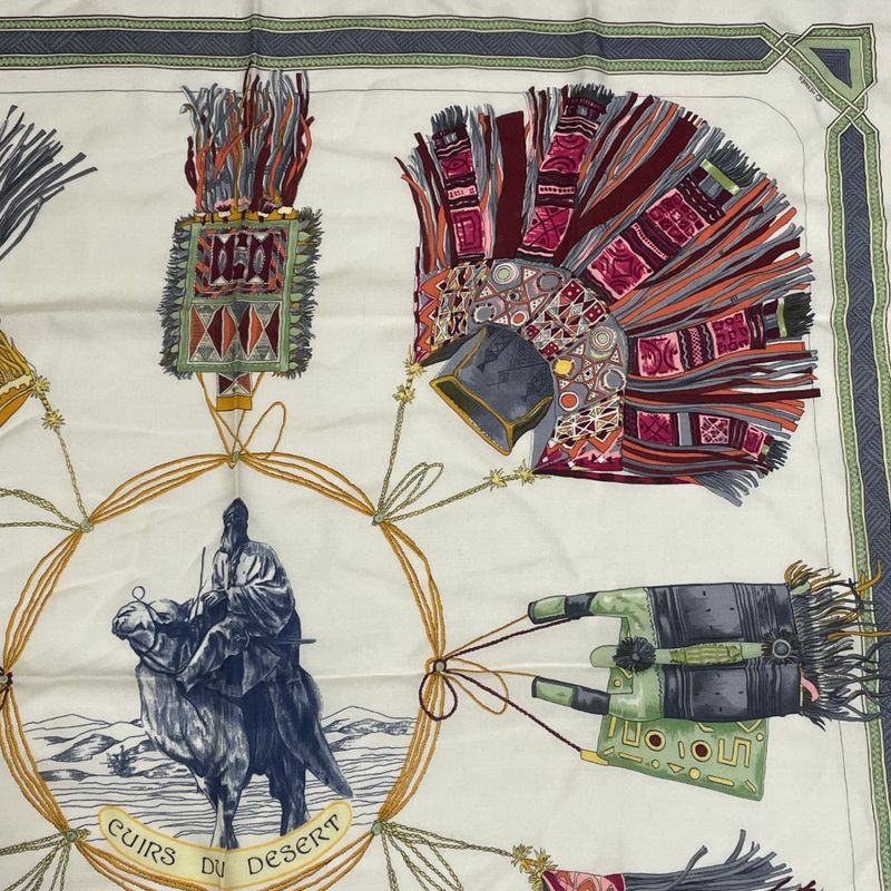Hermes Cuirs DU Desert Leather Decorated Silk Scarf White
