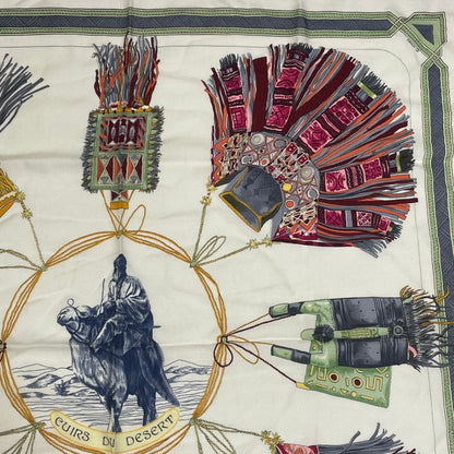 Hermes Cuirs DU Desert Leather Decorated Silk Scarf White