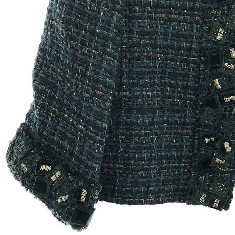Chanel - Wool Tweed Corsage Decoration Collarless Short Jacket - 36 - Green -