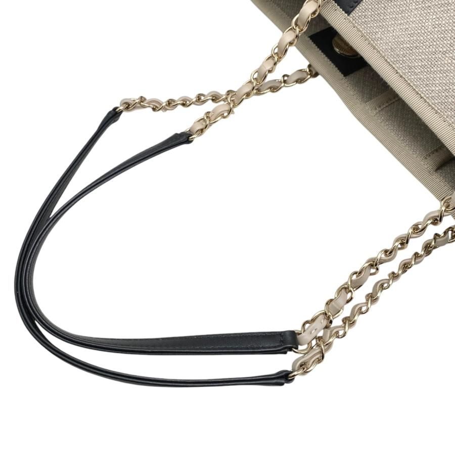 Chanel Tote Bag Deauville MM A67001 Canvas Chain Logo Beige Black Gold Hardware
