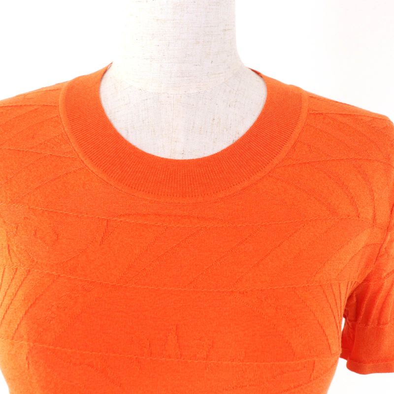 Hermes Silk-blend Embossed Crew Neck Short Sleeve Knit Cut And Sewn Top Orange