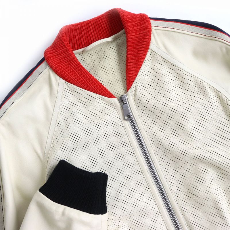 Gucci 497399 Vintage Logo Brogue Leather Zip Up Bomber