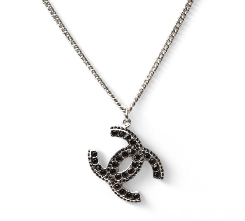 Chanel Necklace Pendant Chanel Coco Mark Rhinestone Black Silver 05A