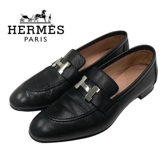 Hermes Paris Loafers Shoes Leather Black Silver Moccasins Flat Shoes Hhardware