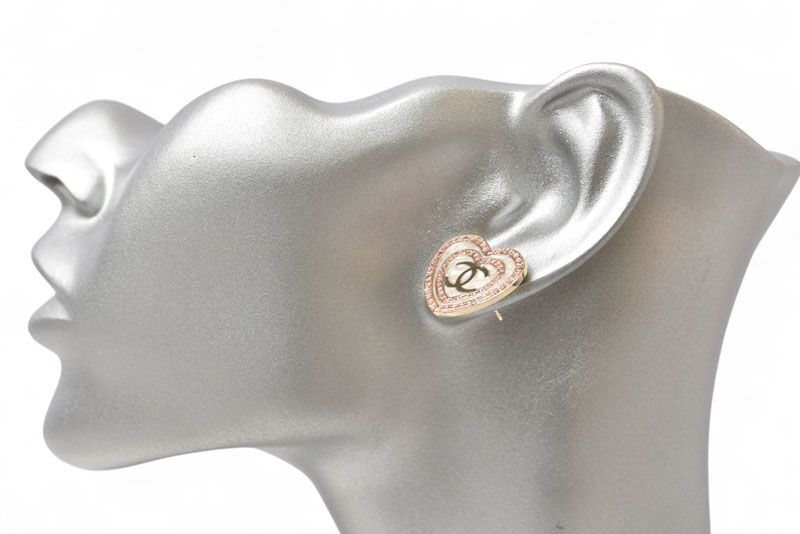 Chanel Earrings Chanel Accessories CC Heart Motif Rhinestone Rose Gold B24