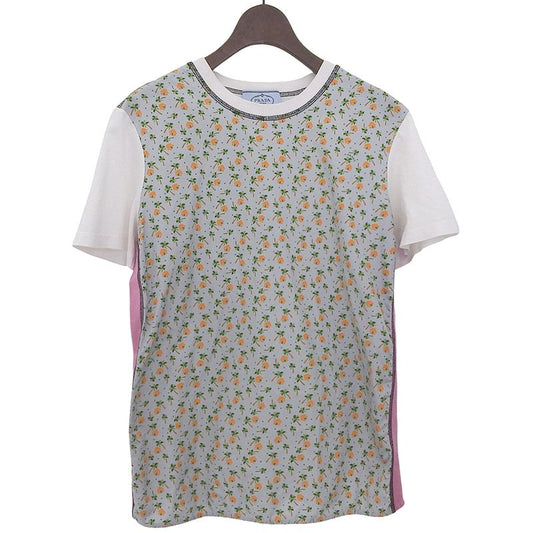 Prada Cotton All-over Patterned Switched Short Sleeve Cut And Sewn Top Women's