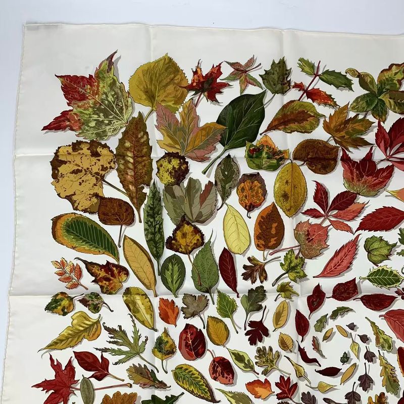 Hermes Carre 90 Tourbillon Falling Leaves Swirl Scarf Silk White