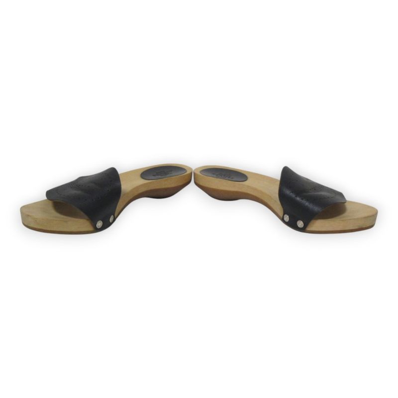 Hermes Evelyn H Logo Leather Wooden Sandals 35 Approx 22cm (8.66in) Black