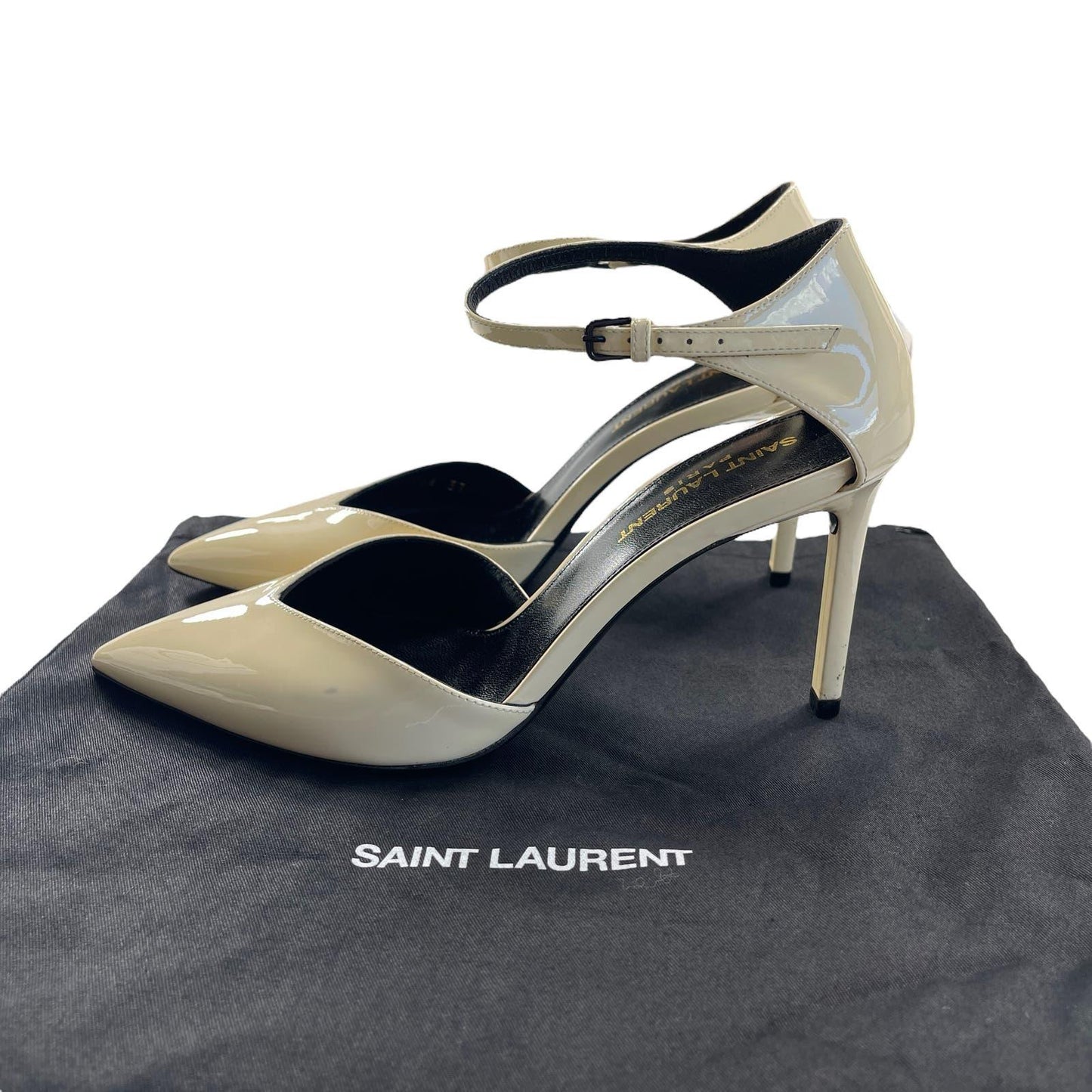 Saint Laurent Patent Anja 85 Ankle Strap Pointed Pumps 37 Coquille - The Reluxe