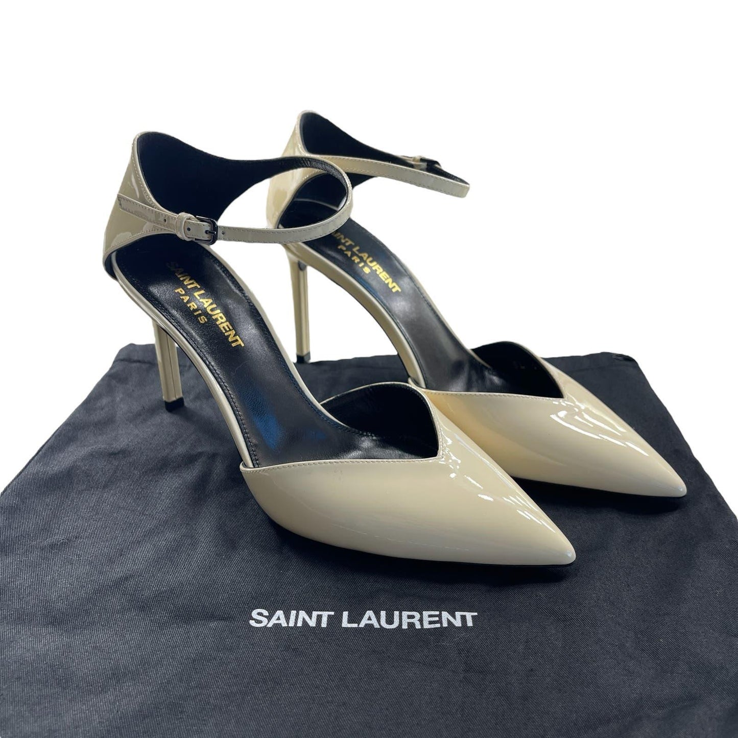 Saint Laurent Patent Anja 85 Ankle Strap Pointed Pumps 37 Coquille - The Reluxe