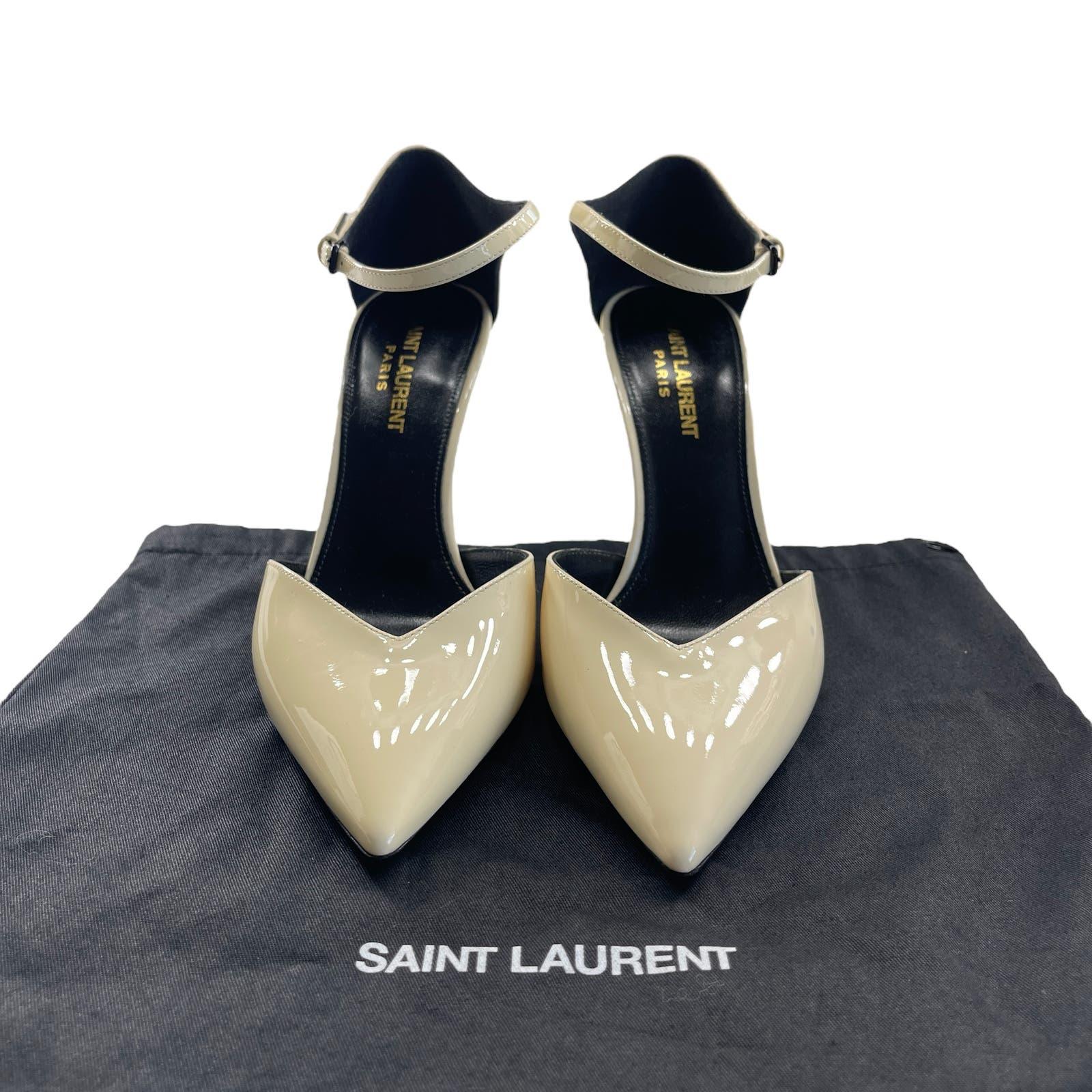 Saint Laurent Patent Anja 85 Ankle Strap Pointed Pumps 37 Coquille - The Reluxe