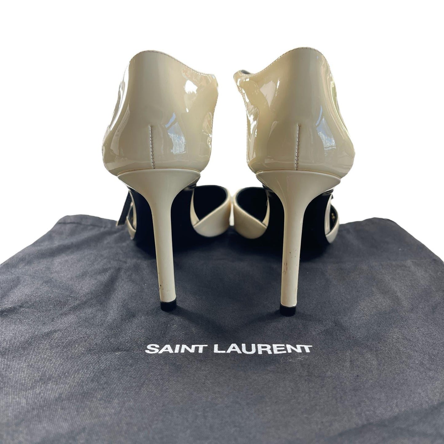 Saint Laurent Patent Anja 85 Ankle Strap Pointed Pumps 37 Coquille - The Reluxe