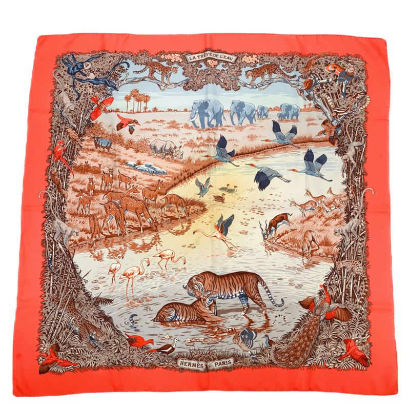 Hermes LA Treve DE LEAU Water Truce Carre 90 Scarf Large Tiger Taiga Animal