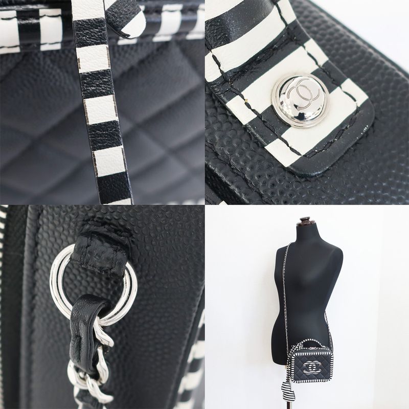 Chanel CC Filigree-chain Shoulder Bag White Black Svhardware Matelasse