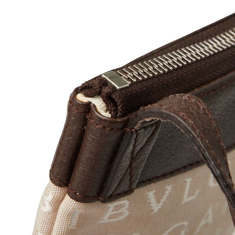 Bulgari Logomania Pochette Shoulder Bag Beige Brown Canvas Leather Women Bvlgari