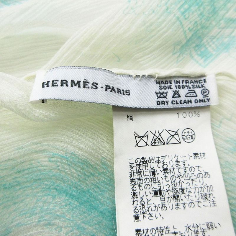 Hermes Shawl Scarf Shawl Silk Muslin Fringe Ivory Light Blue Light Blue Women