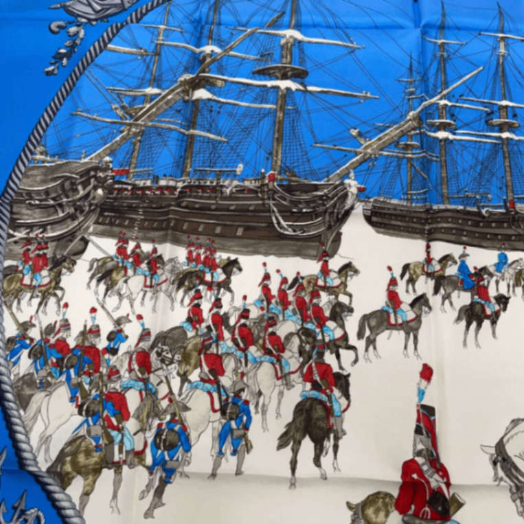 Grade Hermes Carre 90 Marine ET Cavalerie Sea And Cavalry Blue 100% Silk Scarf
