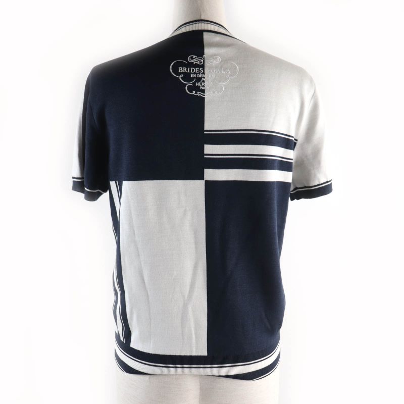 Hermes 24 Year None Order Silk Knit Jacquard Short Sleeve Knit Navy White 38