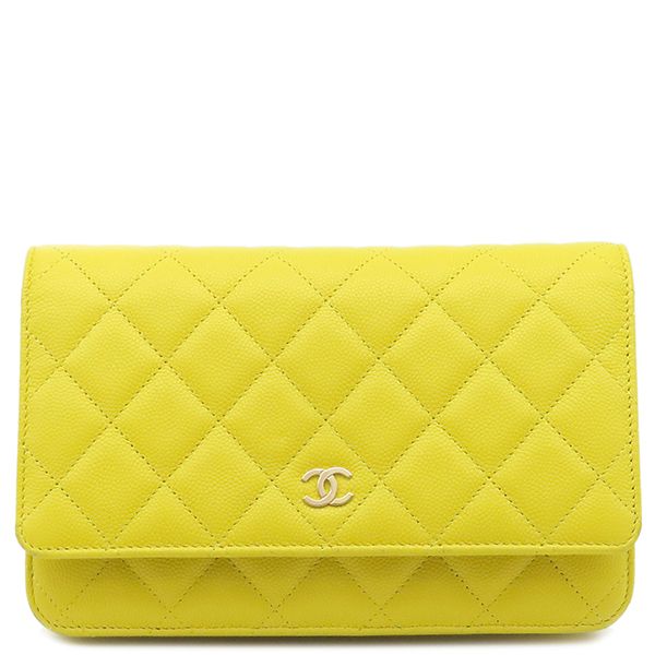 Chanel Chain Wallet Matelasse Caviar Skin Yellow Gold Hardware Yellow Chain