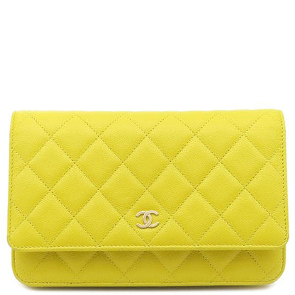 Chanel Chain Wallet Matelasse Caviar Skin Yellow Gold Hardware Yellow Chain