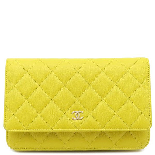 Chanel Chain Wallet Matelasse Caviar Skin Yellow Gold Hardware Yellow Chain