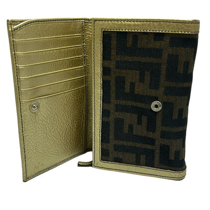 Fendi Bifold Wallet In Zucca Pattern 8m0029 Beige Dark Brown And Gold Leather
