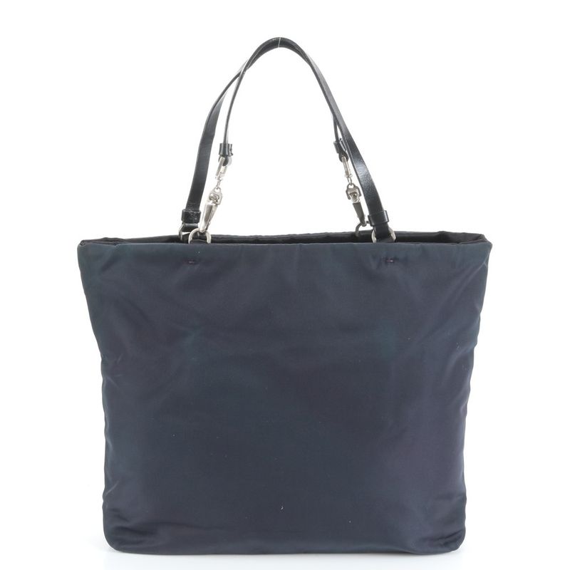 Prada Tessuto Nylon Triangle Logo Leather Tote Bag Shoulder Hand Navy Genuine