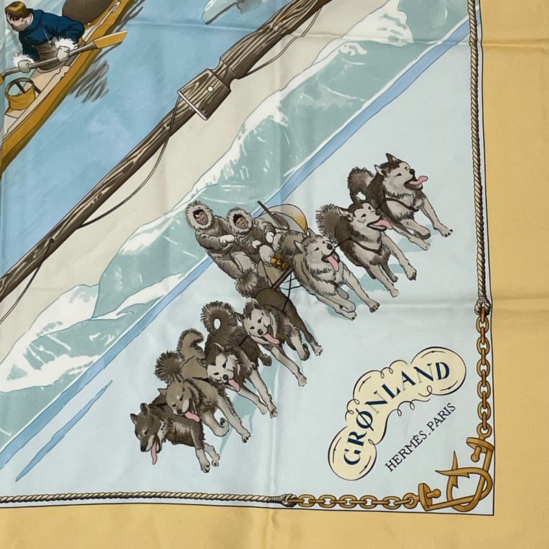 Hermes Carre 90 1982 Gronland Greenland Eskimo Dog Sled Silk Scarf Yellow