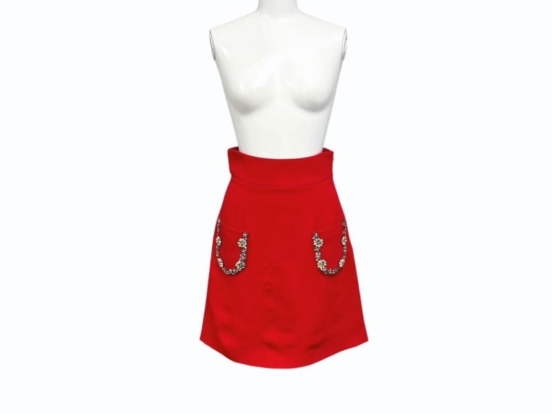 Miu Miu Bijou Pocket Flare Skirt Rayon Acetate Rhinestone Red 4 36