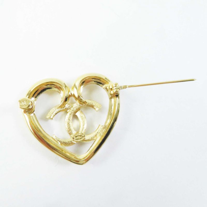 CHANEL F23C Coco Mark Heart Brooch With Rhinestones Gold With Box Ladies