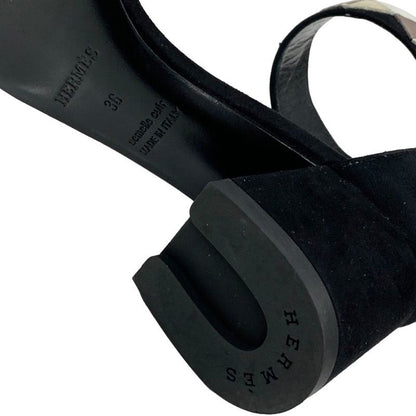 Hermes Sandals Shoes Suede Black Beige Ankle Strap