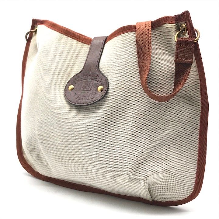 Hermes Canvas Saco Rodeo Toile Ash Shoulder Bag Brown