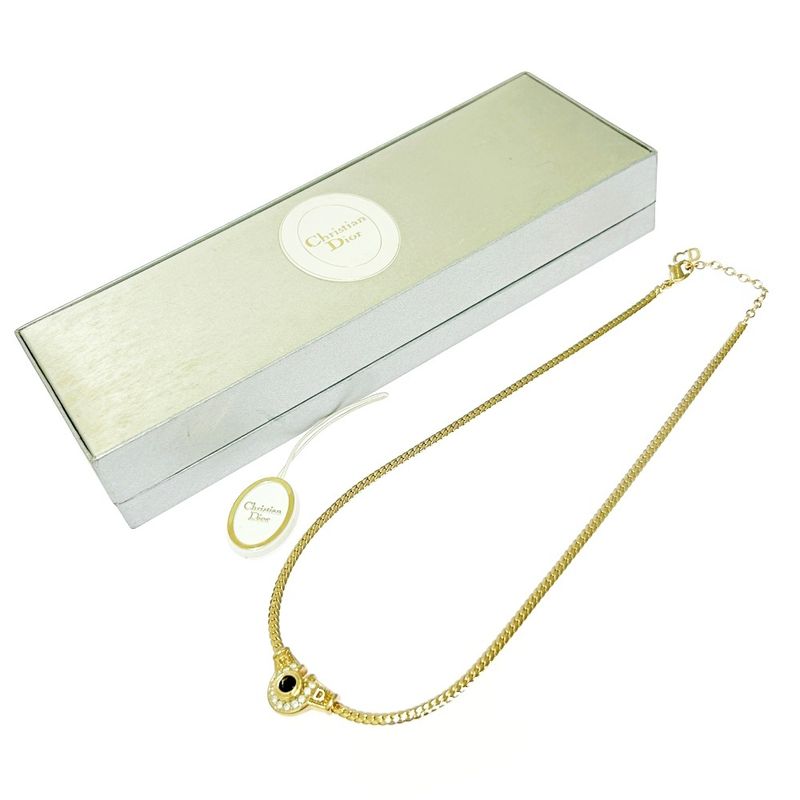 Christian Dior GP Rhinestone Colored Stone CD Logo Necklace Gold Blue 483543
