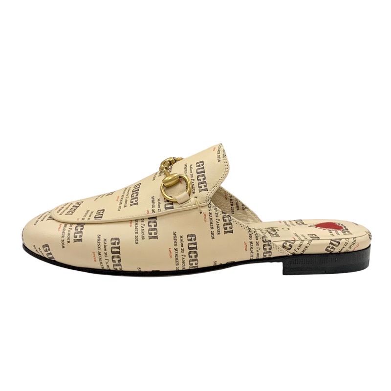 Gucci Prince Town Flat Shoes Leather Beige Red Gold Unused Mule Slipper Sandals