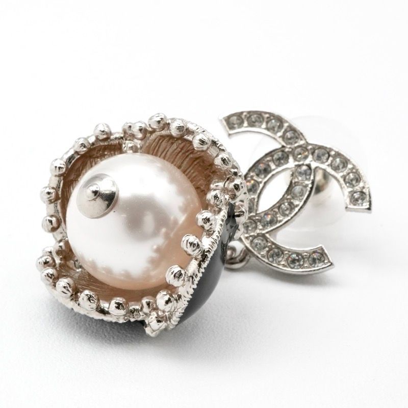 Chanel Earrings Earring Silver Black Coco Mark Rhinestone Flower